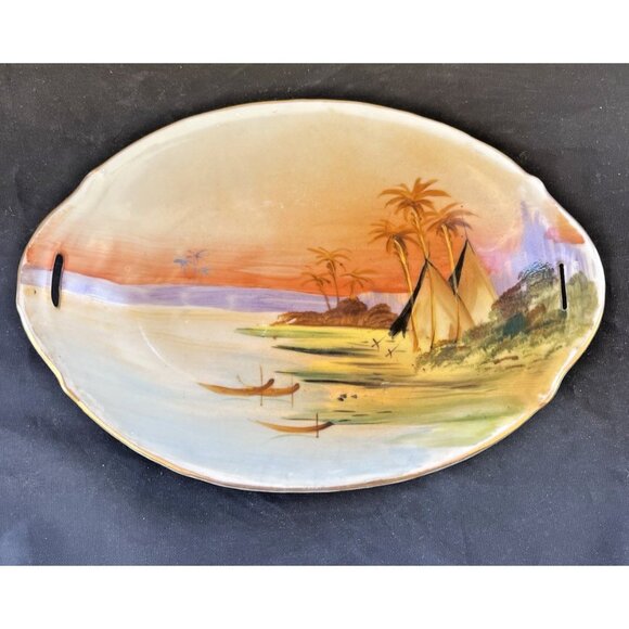 Vintage Noritake? Hand painted Oval Dish Made in Japan Seaside Scenery Trinket - Picture 1 of 7